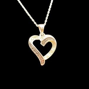 Sterling Silver 925 Open Heart 18" Necklace diamond cut marcasite